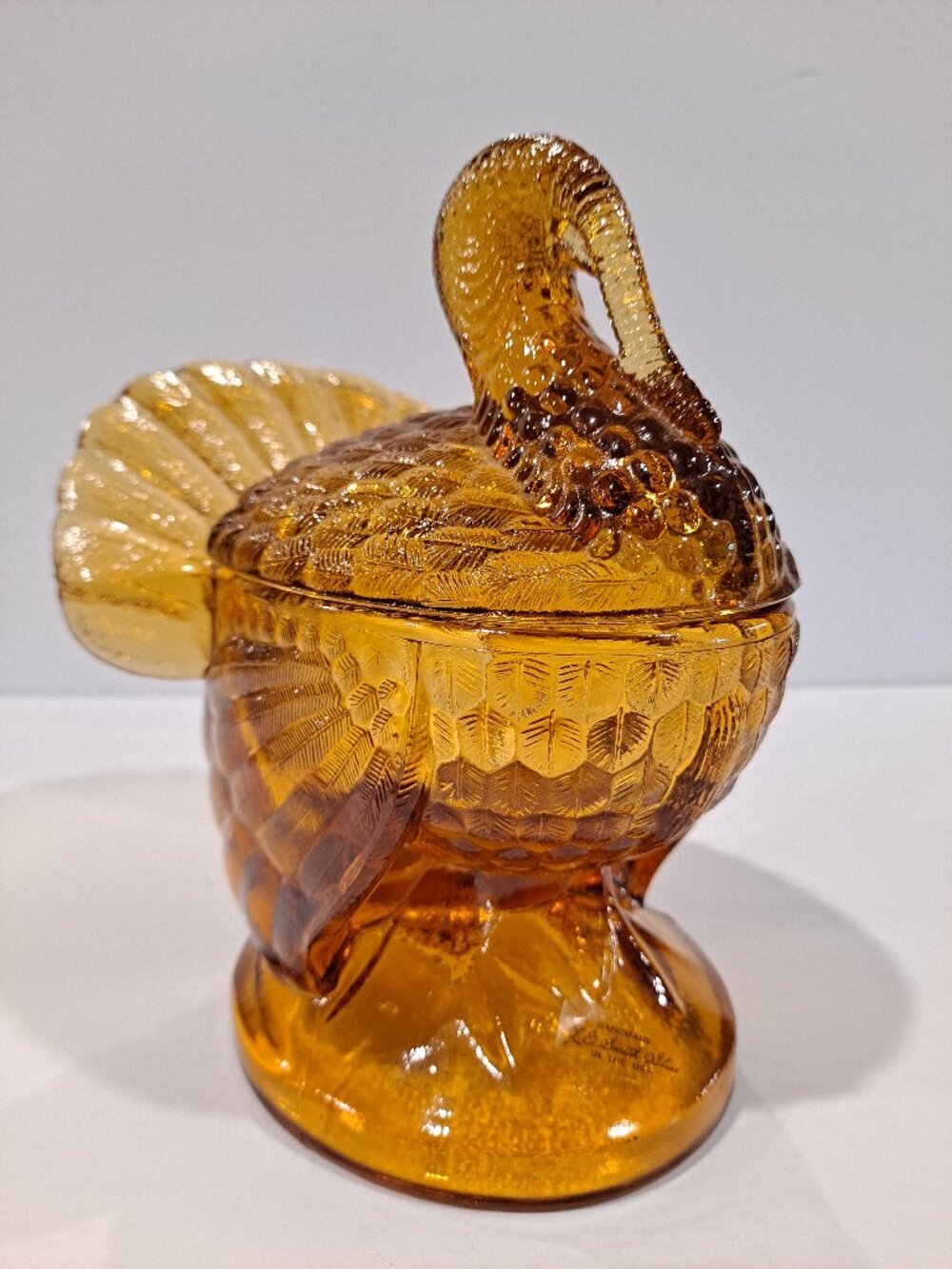 Yellow Amber Depression Glass Vintage LE Smith Lidded Turkey Candy Dish